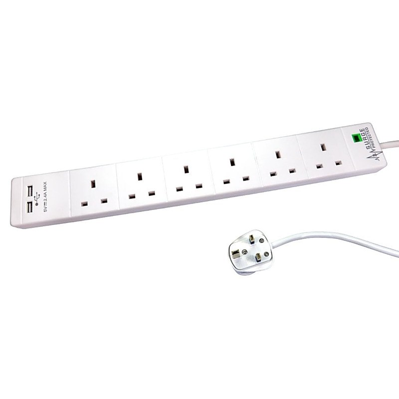 6 Gang Surge Protected Extension Lead with 2 USB 5m White