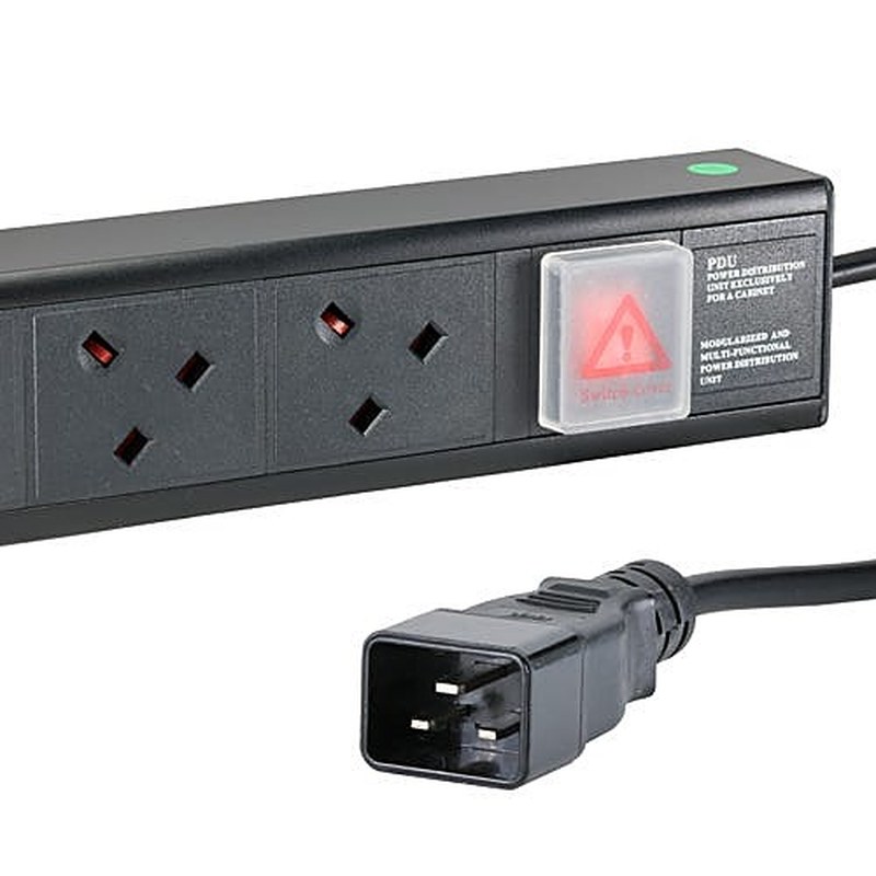 8 Way UK Socket Rack PDU Horizontal 1U C20 Plug 3m