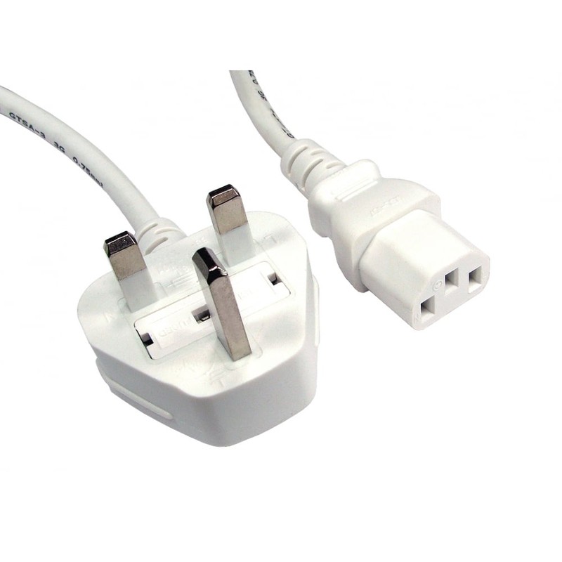 1.8m White IEC Power Cable - UK 3 Pin Plug to Kettle Plug Power Lead
